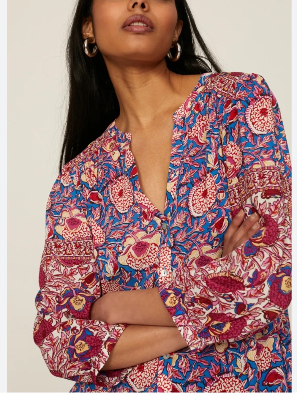 ba&sh Vlad Blue Pink Floral Boho Blouse Button Front V-Neck Large
